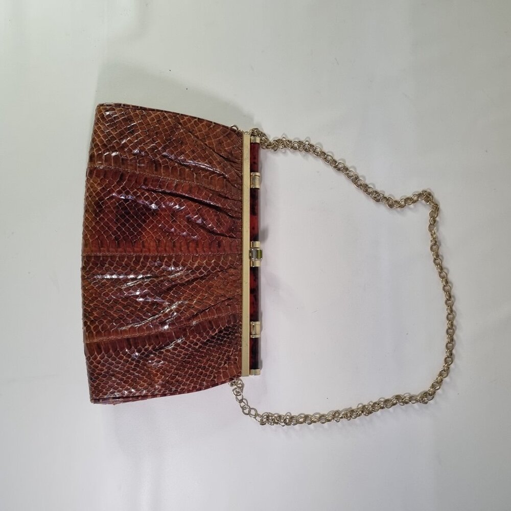 Vintage Brown Faux Snakeskin Clutch Bag with Tortoiseshell Handle & Gold Chain